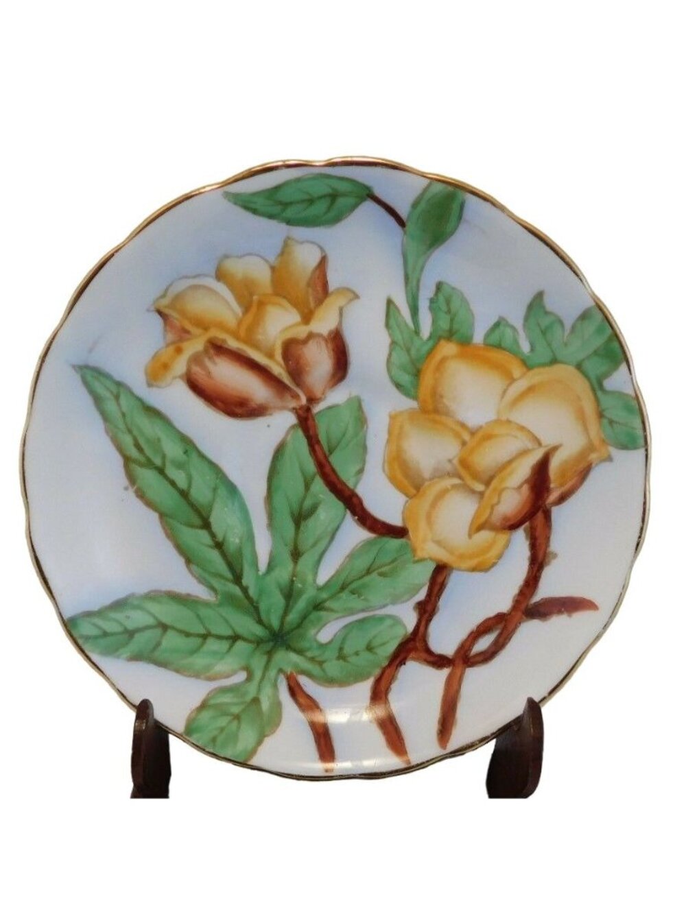 Tuscan Hawaiian Flowers Series Saucer Hand-Painted Wood Rose Design & Gold Trim